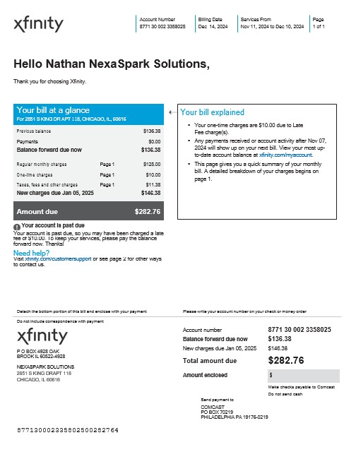 USA XFINITY business utility bill Word and PDF template PSD template